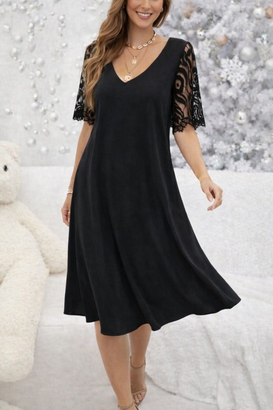 Mamo Siyah Mini V Yaka Dantel Detaylı Elbise - Mamo kadın butik elbise