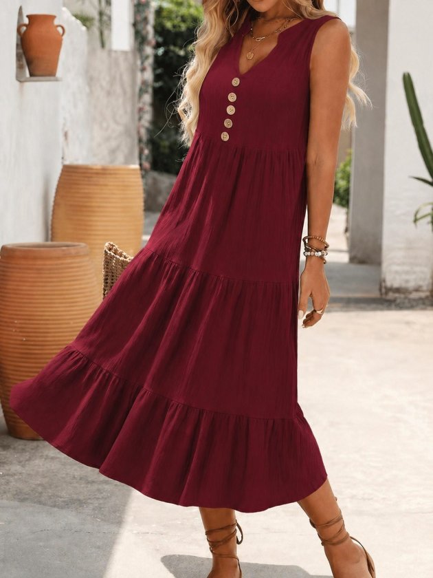 Mamo Bordo Midi Askılı V Yaka Elbise - Mamo kadın butik elbise