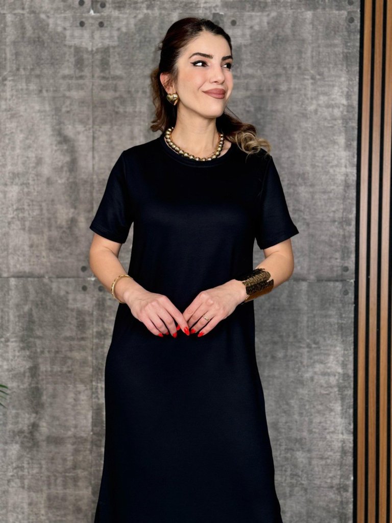 Mamo Siyah Yırtmaç Detaylı Viskon Elbise - Mamo kadın butik elbise