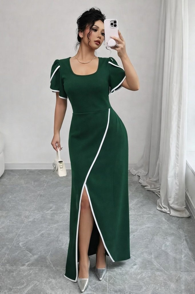Mamo Yeşil Mini Sim Detaylı Krep Elbise - Mamo kadın butik elbise