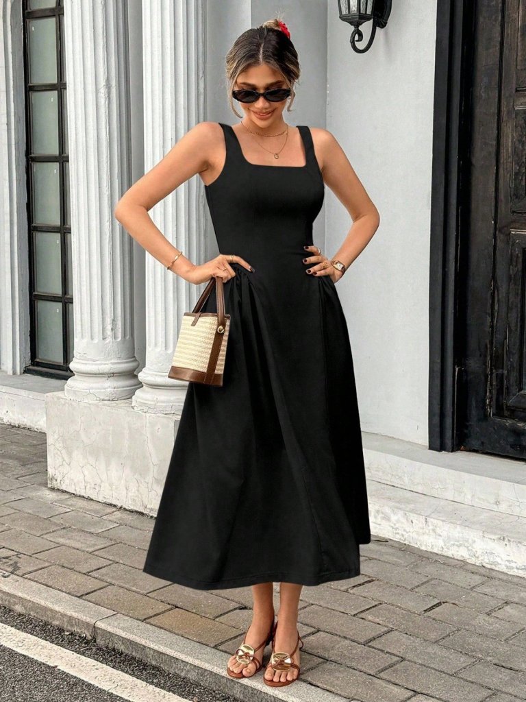 Mamo Siyah Uzun Askılı Krep Elbise - Mamo kadın butik elbise