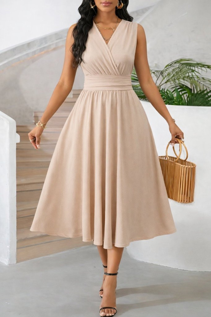 Mamo Bej Midi Askılı Kruvaze Elbise - Mamo kadın butik elbise