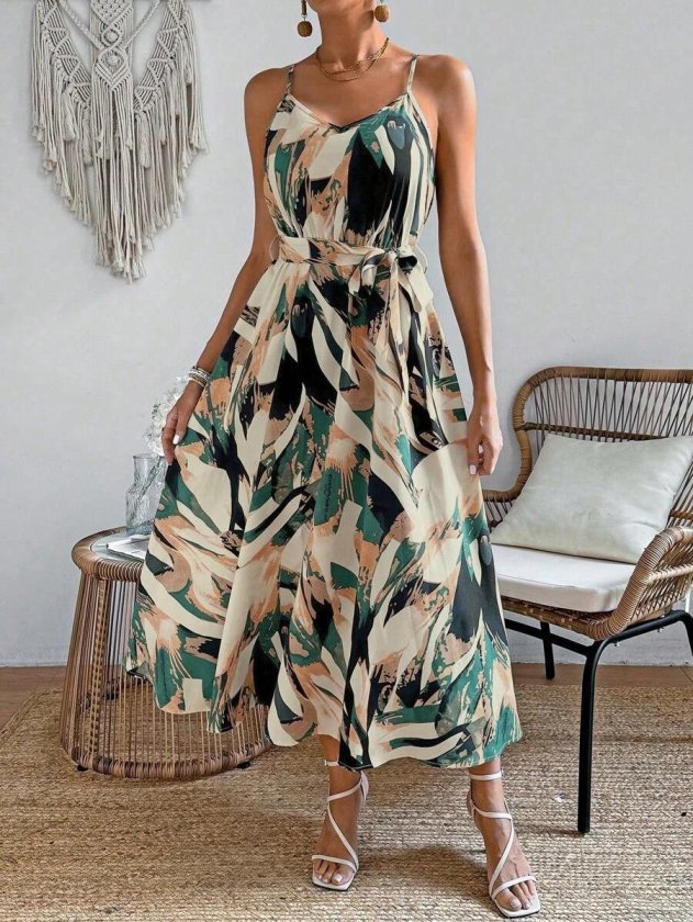 Mamo Bej Uzun Askılı V Yaka Elbise - Mamo kadın butik elbise