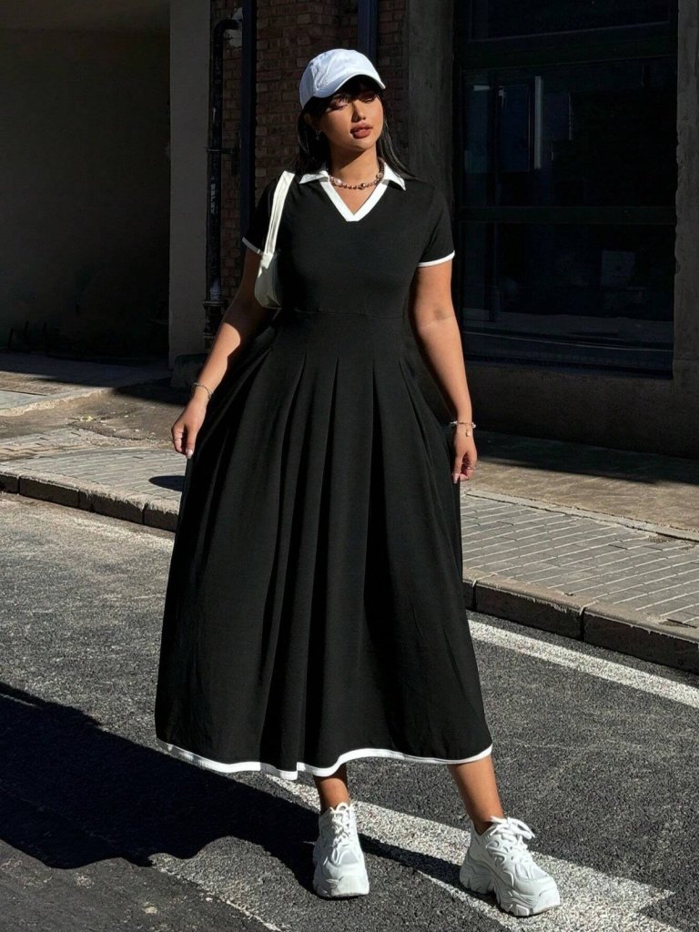 Mamo Siyah Mini V Yaka Krep Elbise - Mamo kadın butik elbise