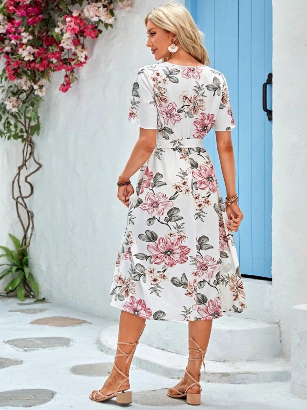 Mamo Beyaz Mini Kruvaze Desenli Elbise - Mamo kadın butik elbise
