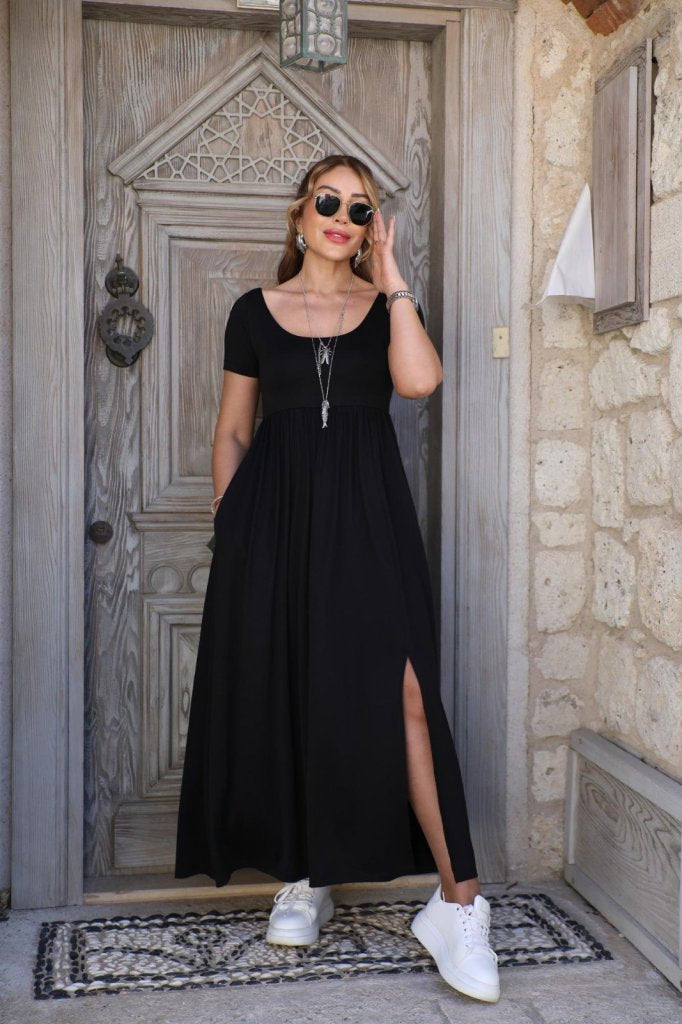 Mamo Siyah Mini Yırtmaç Detaylı Cepli Elbise - Mamo kadın butik elbise