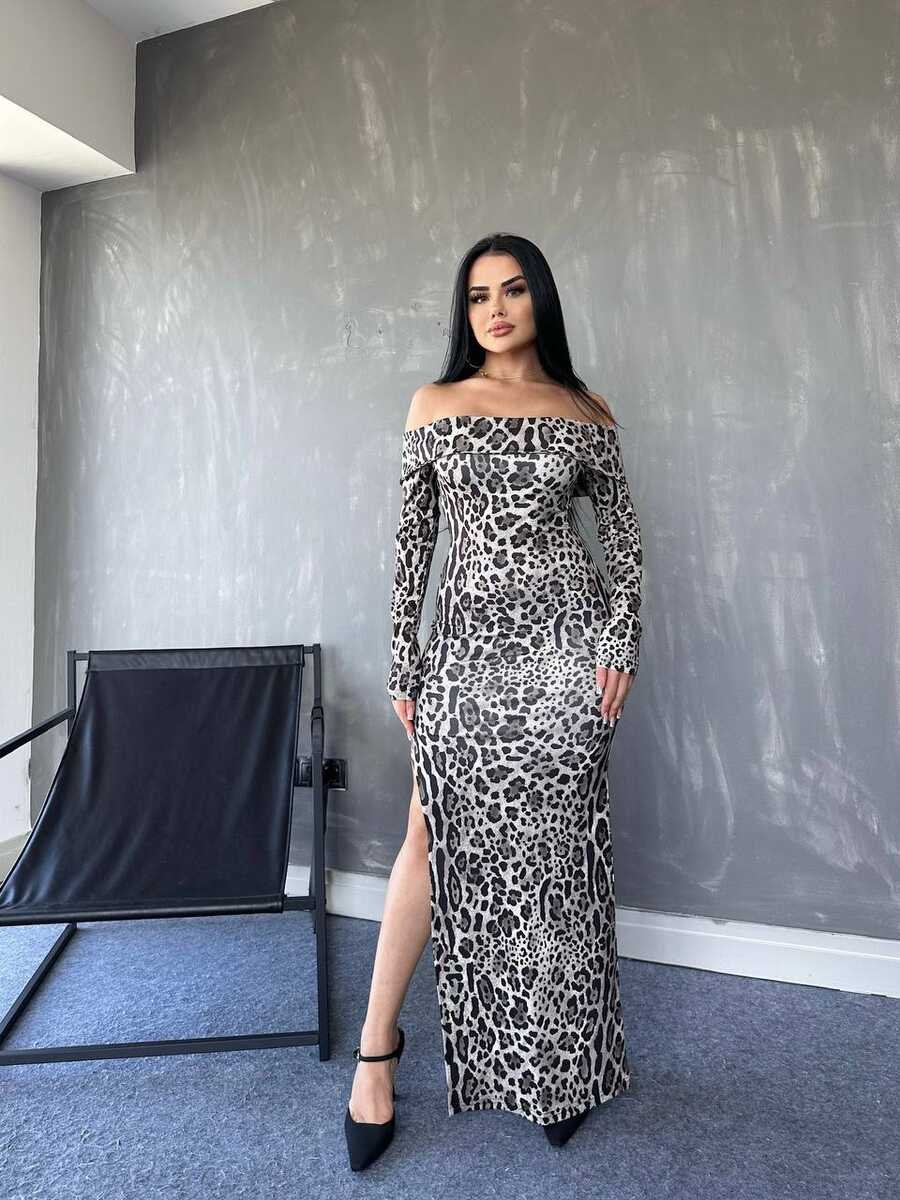 Mamo Leopar Uzun Yırtmaç Detaylı Desenli Elbise - Mamo kadın butik elbise