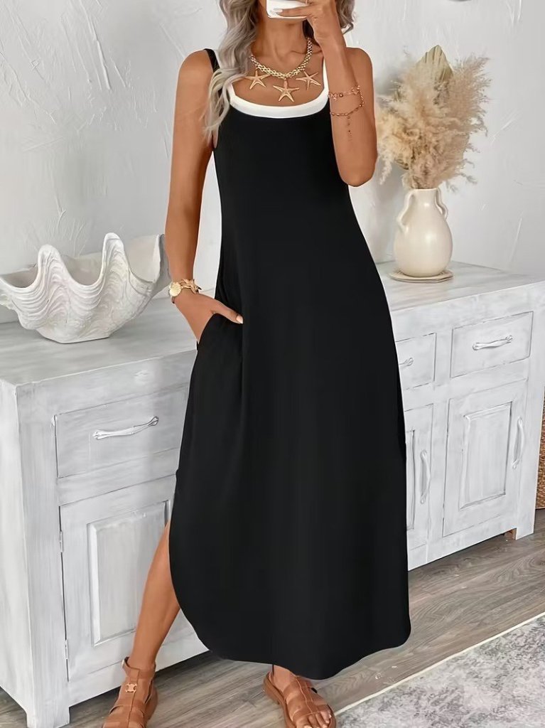 Mamo Siyah Uzun Askılı Cepli Elbise - Mamo kadın butik elbise