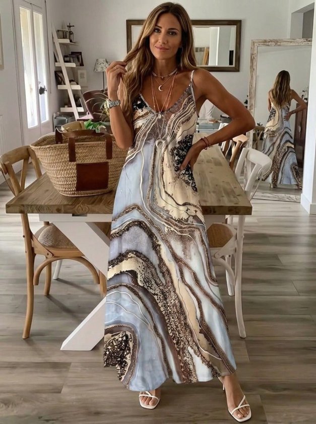 Mamo Desenli Uzun Askılı V Yaka Elbise - Mamo kadın butik elbise