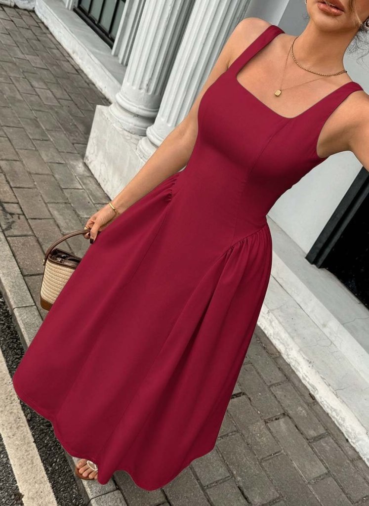 Mamo Kırmızı Uzun Askılı Kare Yaka Elbise - Mamo kadın butik elbise