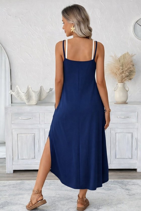 Mamo Lacivert Uzun Askılı Cepli Elbise - Mamo kadın butik elbise