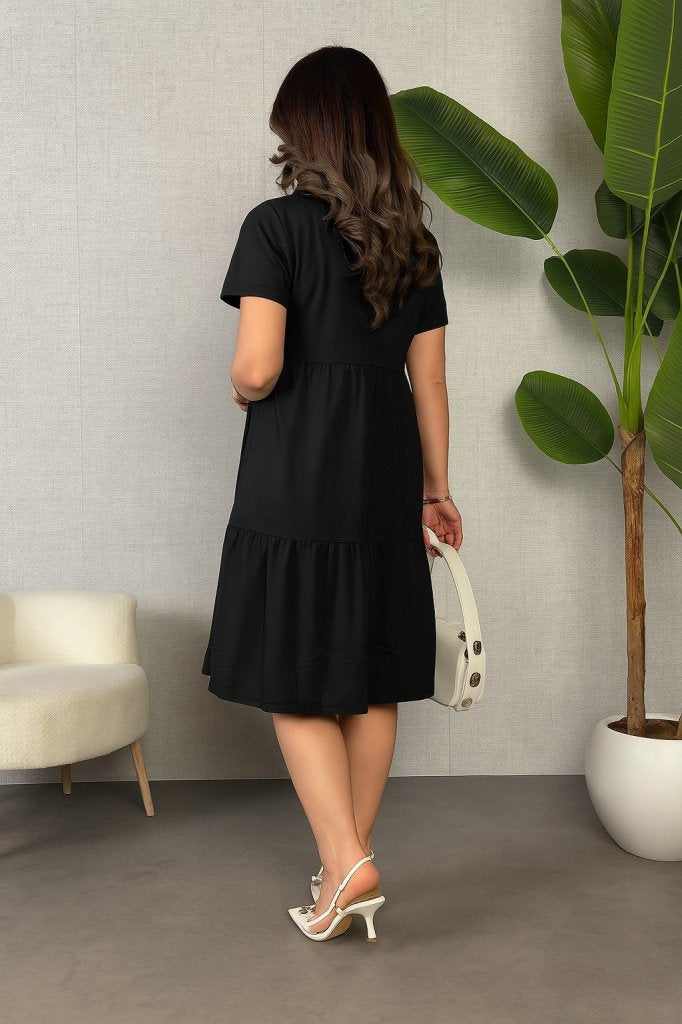 Mamo Siyah Mini V Yaka Viskon Elbise - Mamo kadın butik elbise
