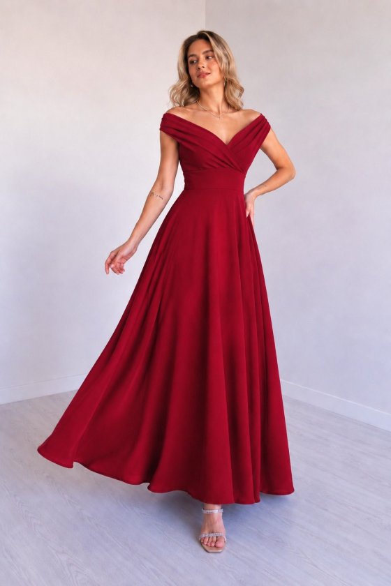 Mamo Kırmızı Uzun Kruvaze Krep Elbise - Mamo kadın butik elbise
