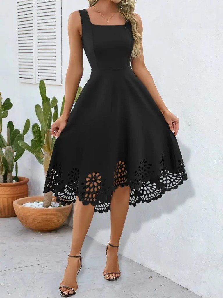 Mamo Siyah Askılı Sim Detaylı Desenli Elbise - Mamo kadın butik elbise