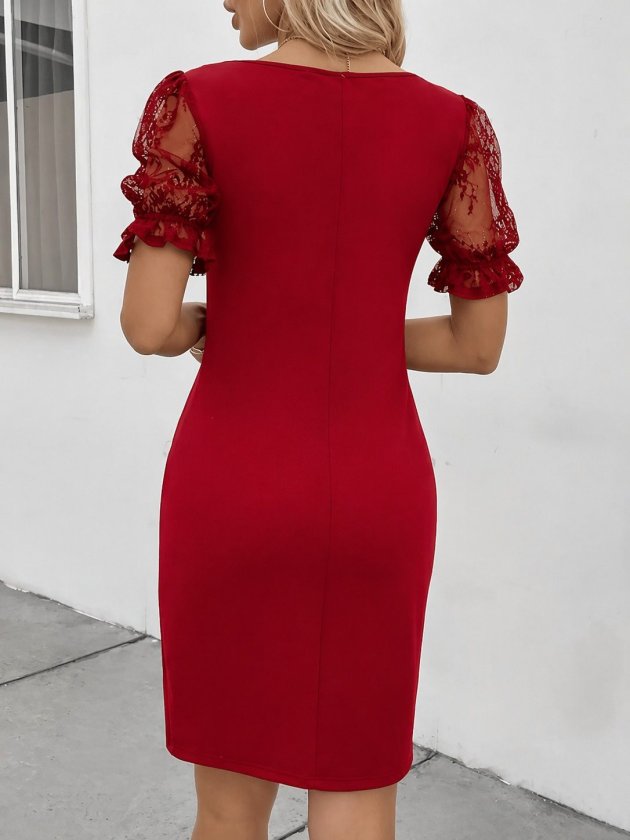 Mamo Kırmızı Mini V Yaka Dantel Detaylı Elbise - Mamo kadın butik elbise