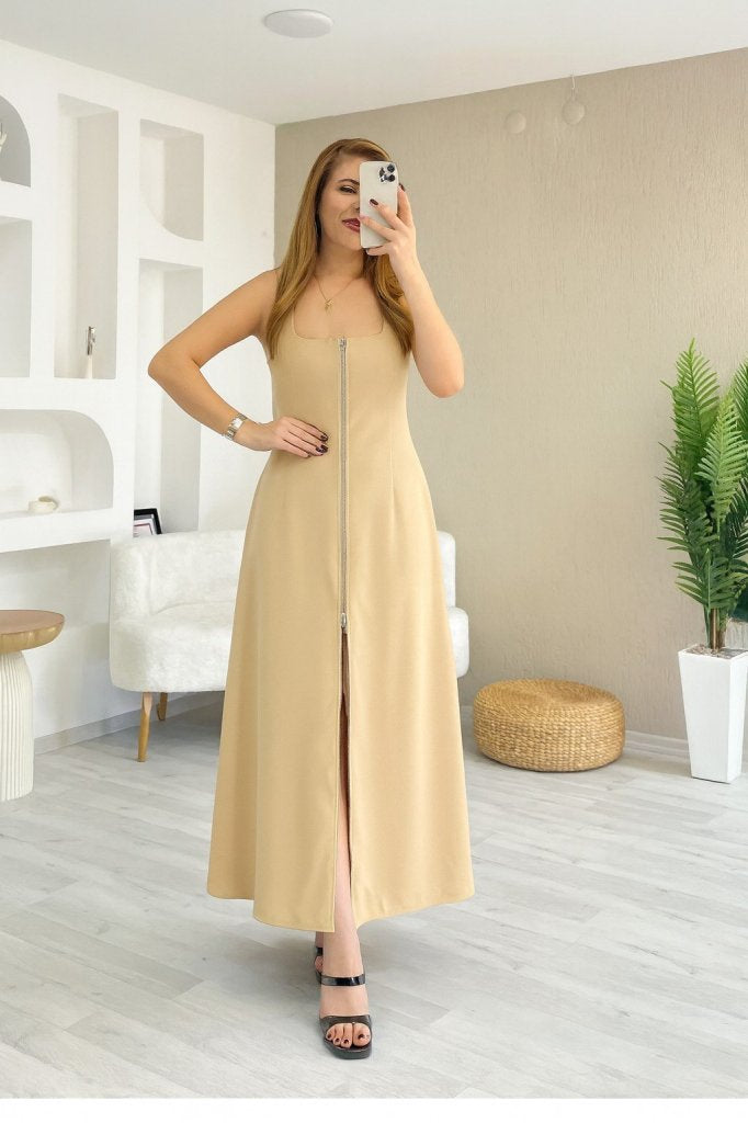 Mamo Bej Askılı Sim Detaylı Krep Elbise - Mamo kadın butik elbise