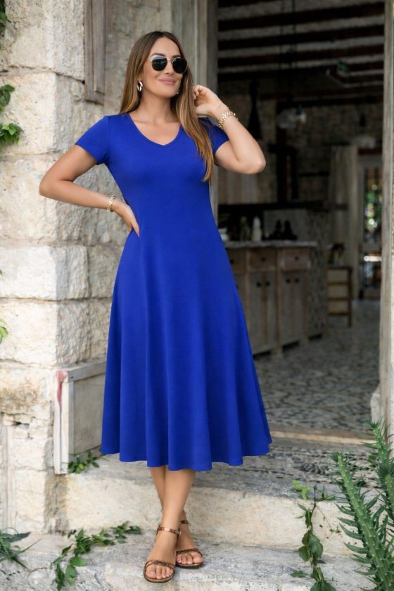 Mamo Mavi Mini V Yaka Yırtmaç Detaylı Elbise - Mamo kadın butik elbise