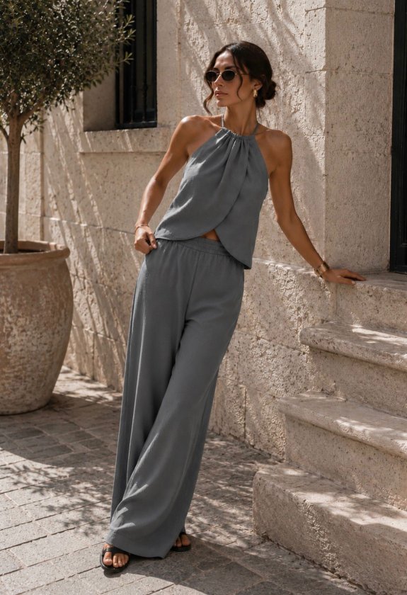Mamo Gri Bağlamalı Takım - Mamo kadın butik takım