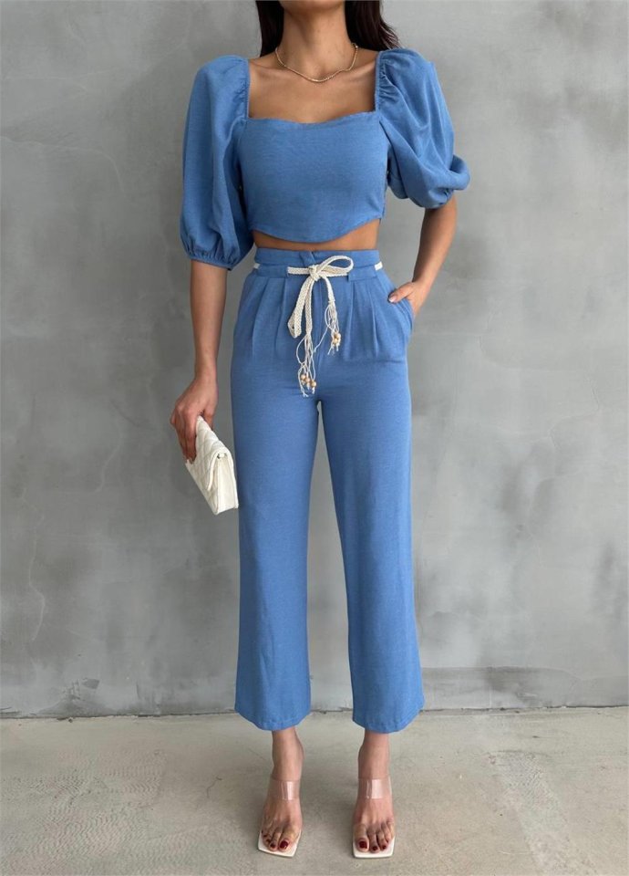Mamo Mavi Keten Crop Takım - Mamo kadın butik takım