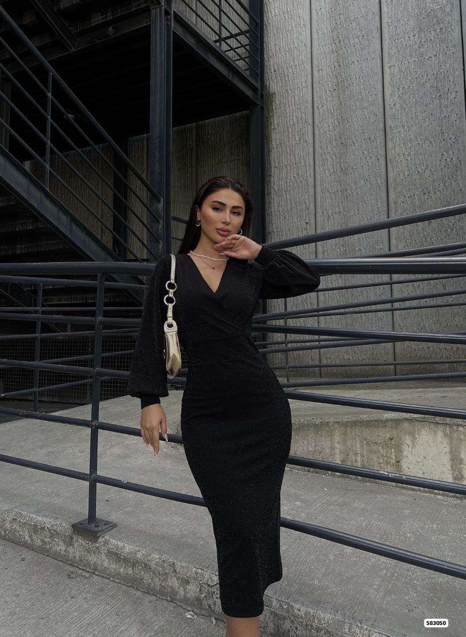 Mamo Siyah Midi Kruvaze Krep Elbise - Mamo kadın butik elbise