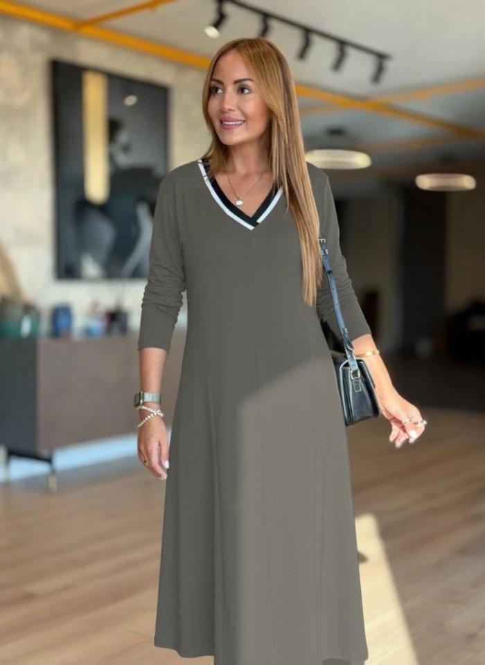 Mamo Yeşil Midi V Yaka Elbise - Mamo kadın butik elbise