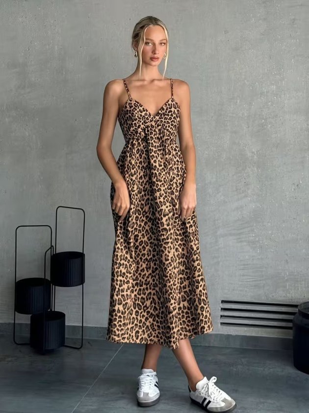 Mamo Leopar Uzun Askılı V Yaka Elbise - Mamo kadın butik elbise