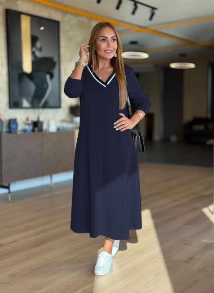 Mamo Lacivert Midi V Yaka Elbise - Mamo kadın butik elbise