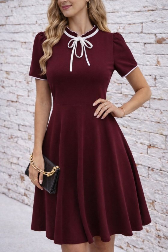 Mamo Bordo Mini Fırfır Detaylı Krep Elbise - Mamo kadın butik elbise
