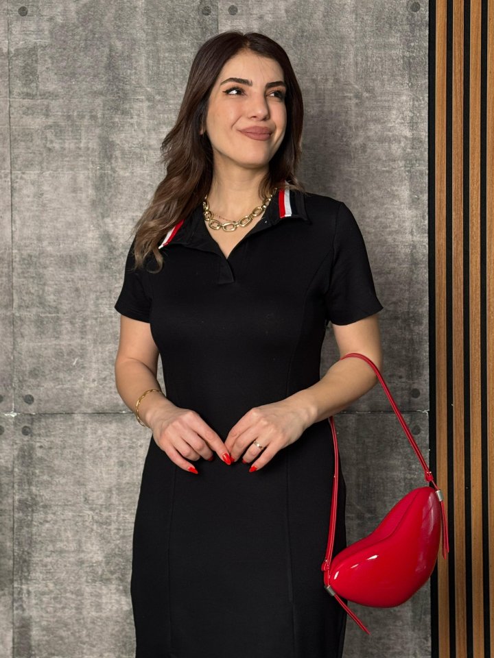Mamo Siyah Yırtmaç Detaylı Elbise - Mamo kadın butik elbise