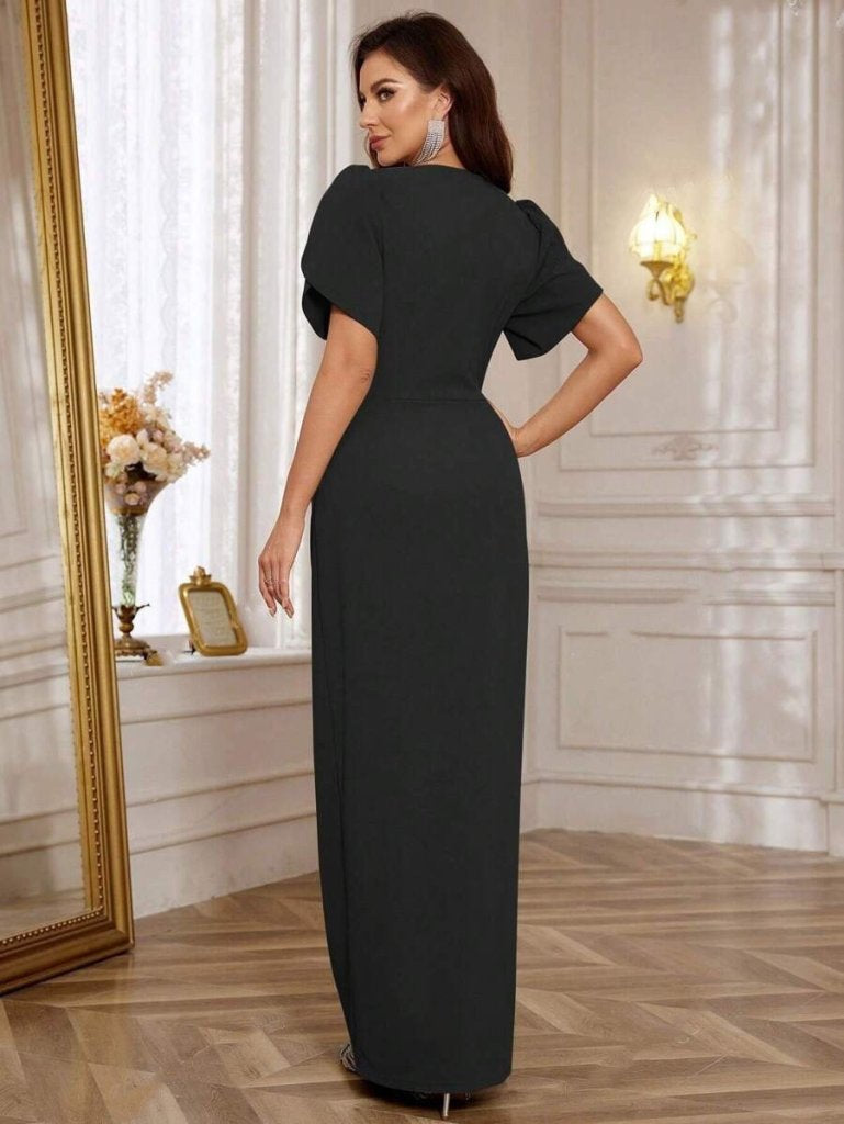 Mamo Siyah Mini Kruvaze Yırtmaç Detaylı Elbise - Mamo kadın butik elbise