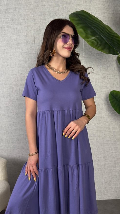 Mamo Mor Mini V Yaka Viskon Elbise - Mamo kadın butik elbise