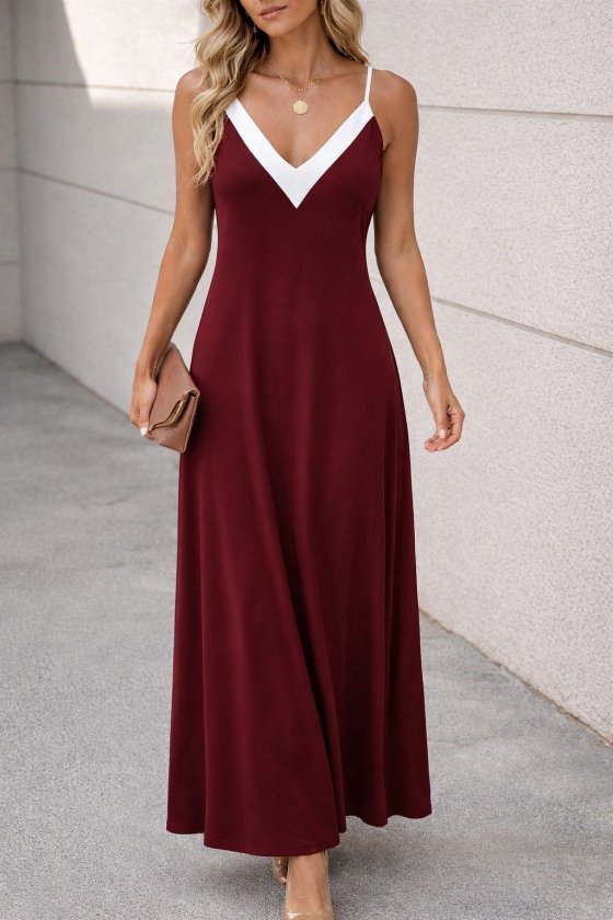 Mamo Bordo Uzun Askılı V Yaka Elbise - Mamo kadın butik elbise
