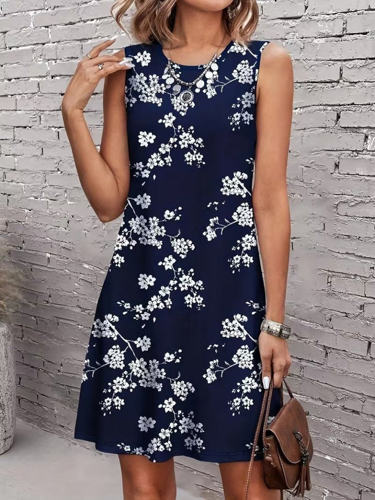 Mamo Lacivert Mini Askılı Desenli Elbise - Mamo kadın butik elbise
