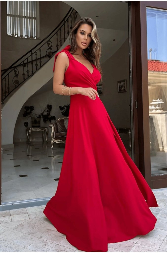 Mamo Kırmızı Uzun Askılı Kruvaze Elbise - Mamo kadın butik elbise