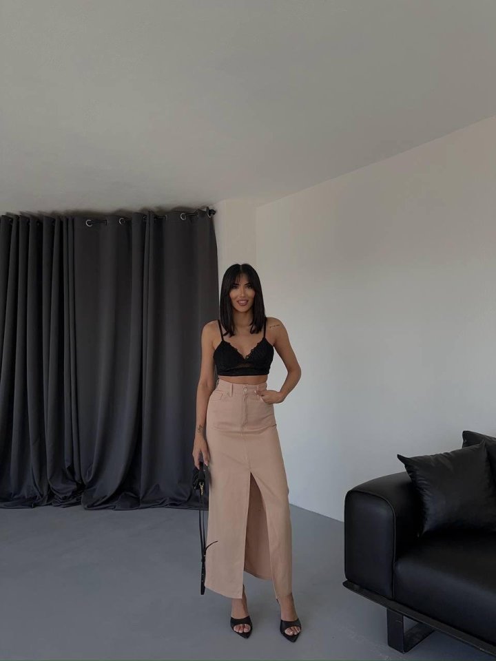 Mamo Kahverengi Yırtmaç Detaylı Etek - Mamo kadın butik alt giyim