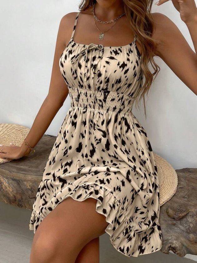 Mamo Leopar Mini Askılı Desenli Elbise - Mamo kadın butik elbise