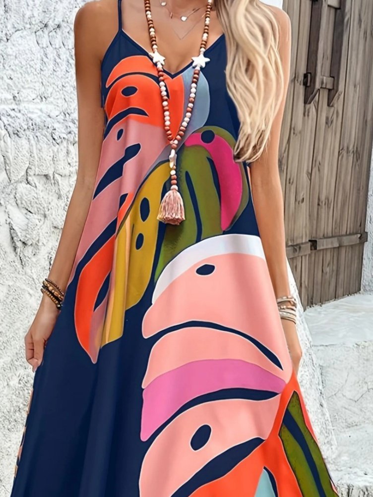 Mamo Lacivert Uzun Askılı V Yaka Elbise - Mamo kadın butik elbise