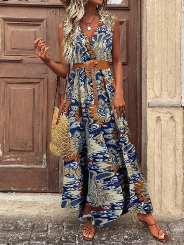 Mamo Desenli Uzun Askılı Kruvaze Elbise - Mamo kadın butik elbise