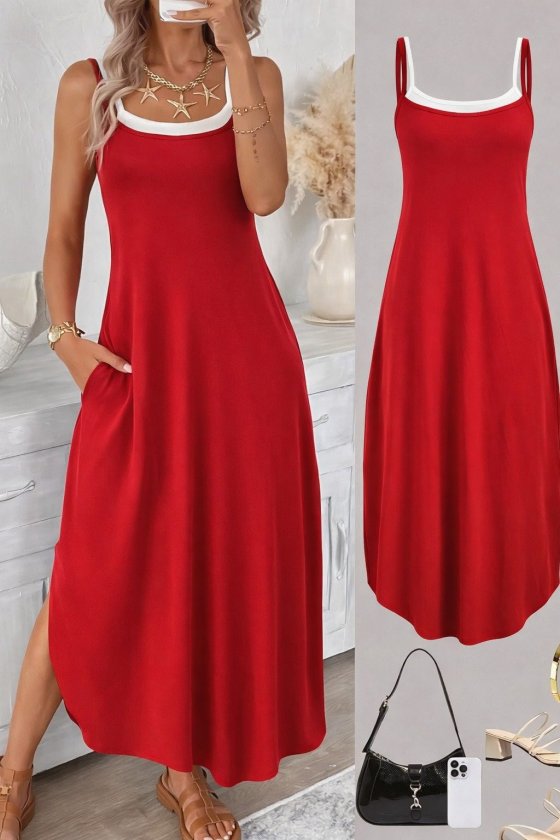 Mamo Kırmızı Uzun Askılı Cepli Elbise - Mamo kadın butik elbise