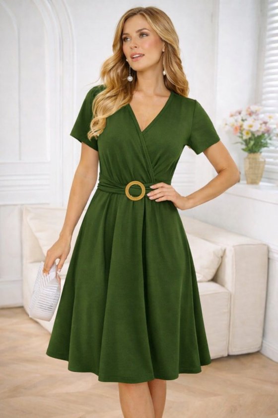 Mamo Haki Mini Kruvaze Viskon Elbise - Mamo kadın butik elbise