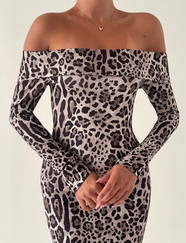 Mamo Leopar Uzun Yırtmaç Detaylı Desenli Elbise - Mamo kadın butik elbise