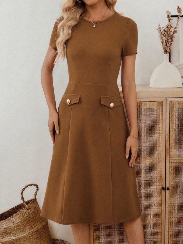 Mamo Kahve Mini Cepli Krep Elbise - Mamo kadın butik elbise