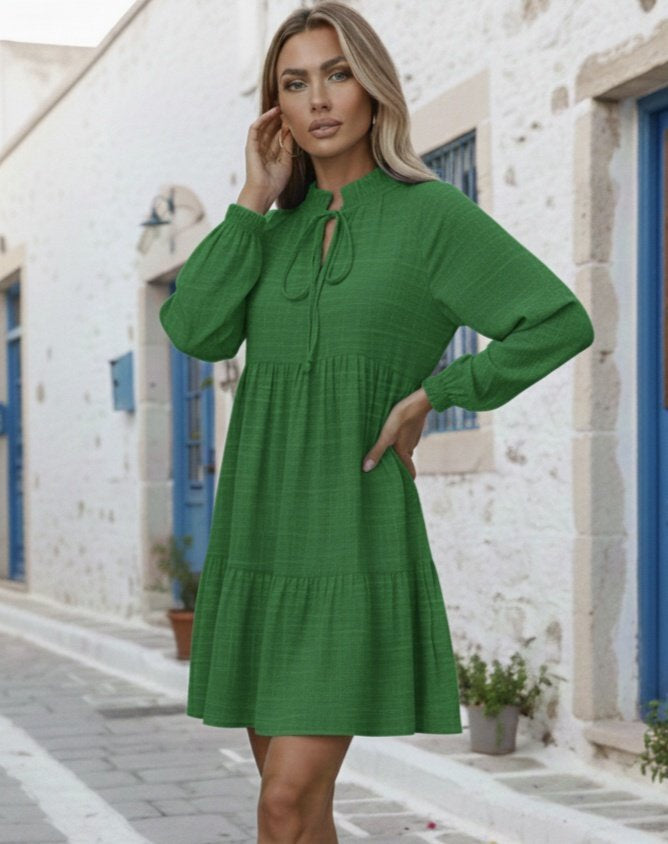 Mamo Yeşil Mini Fırfır Detaylı Keten Elbise - Mamo kadın butik elbise