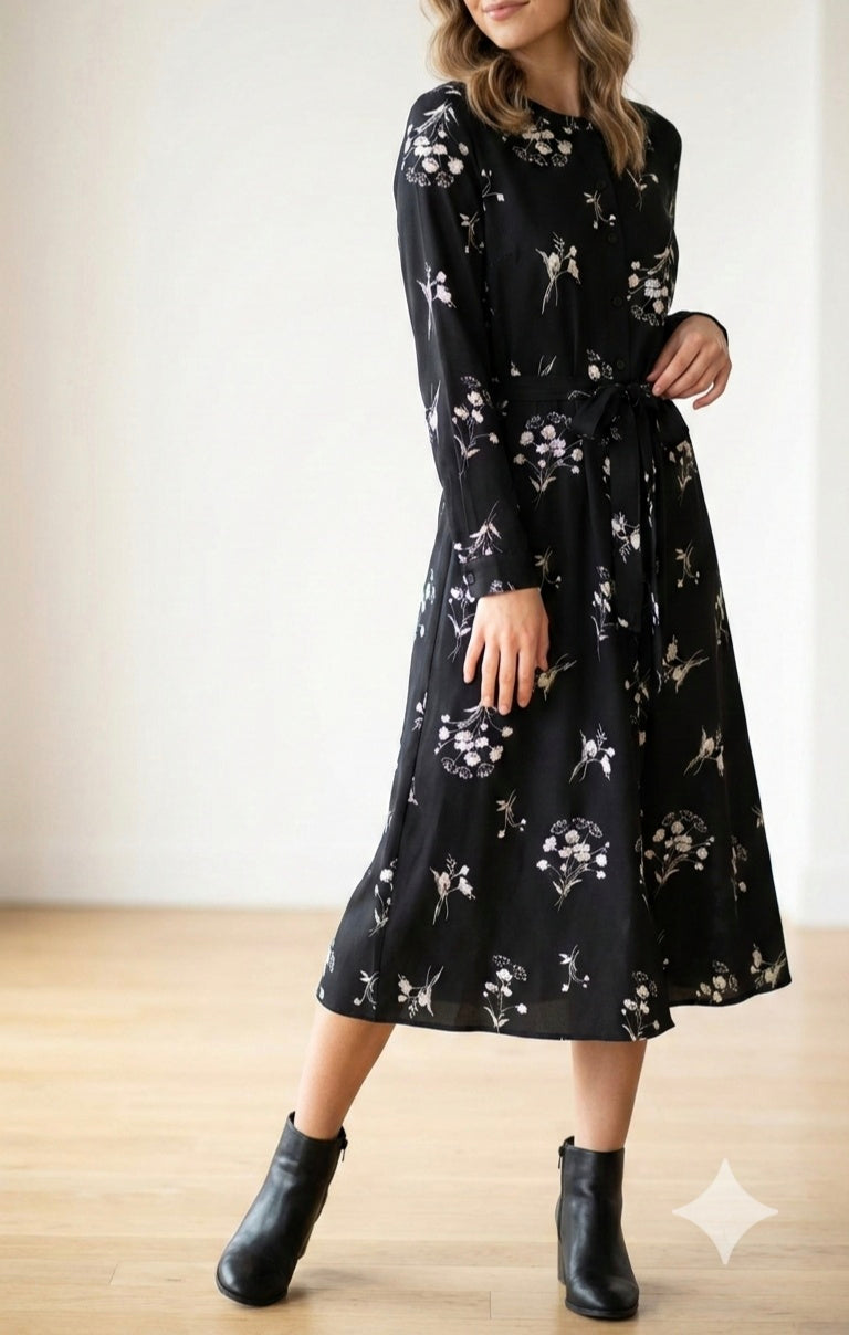 Mamo Siyah Uzun Kuşaklı Elbise - Mamo kadın butik elbise