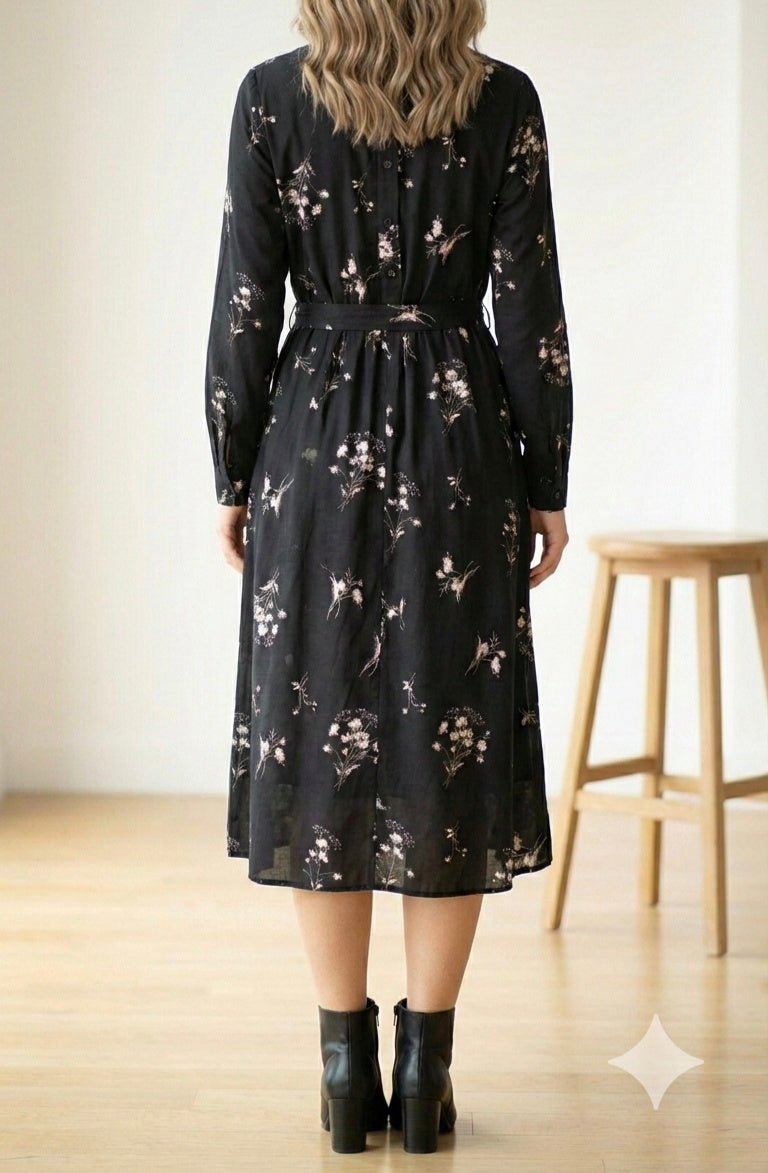 Mamo Siyah Uzun Kuşaklı Elbise - Mamo kadın butik elbise