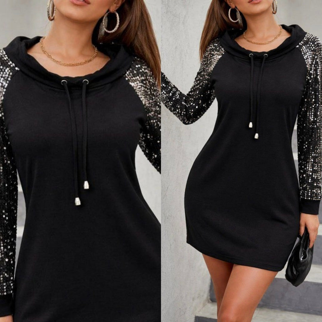 Mamo Siyah Mini Payet Detaylı Cepli Elbise - Mamo kadın butik elbise