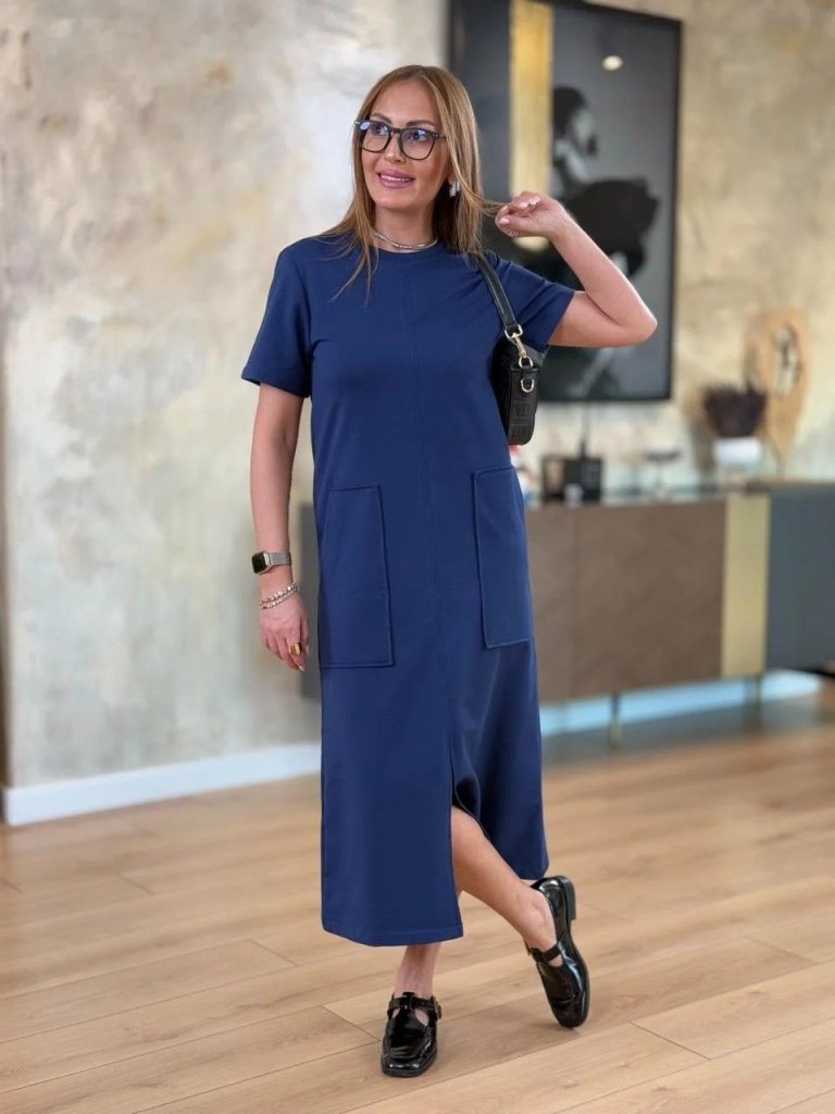 Mamo Lacivert Midi Yırtmaç Detaylı Cepli Elbise - Mamo kadın butik elbise
