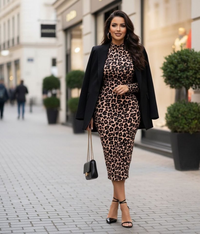 Mamo Leopar Midi Desenli Elbise - Mamo kadın butik elbise