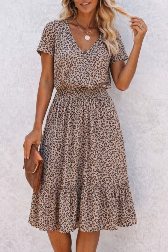Mamo Leopar Mini V Yaka Elbise - Mamo kadın butik elbise