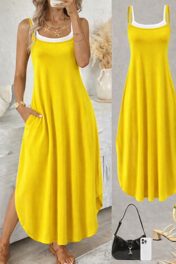 Mamo Sarı Uzun Askılı Cepli Elbise - Mamo kadın butik elbise